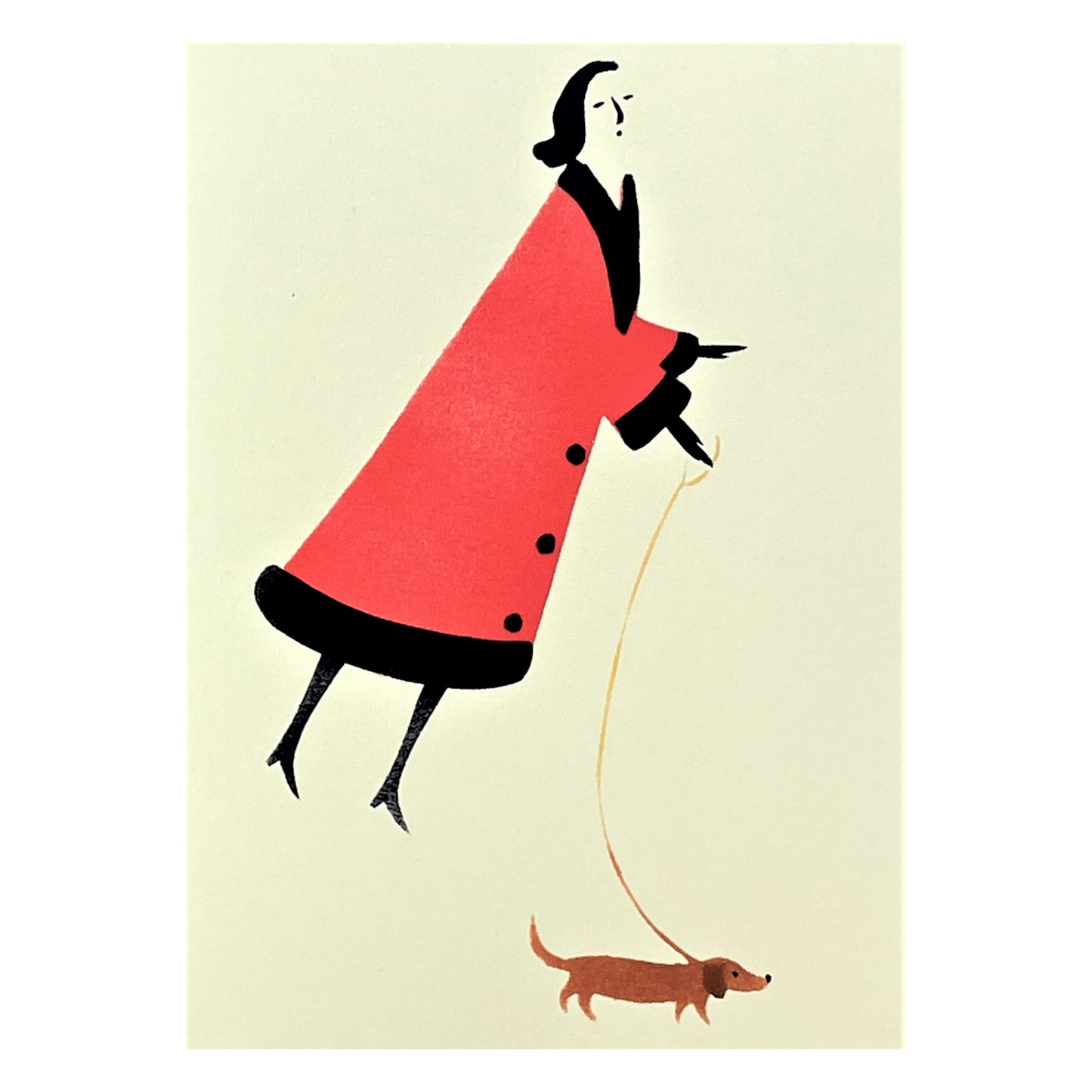 greetings card of a drawing of a women in a red coat walking a little dog by Elizabeth Harbour