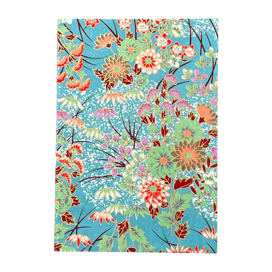 japanese silk-screen printed greetings card with a multi-colour bouquet of flowers pattern on a teal backdrop by Esmie