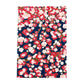 japanese silk-screen printed greetings card with a repeat pattern of pink and red blossom branches on a dark blue backdrop by Esmie