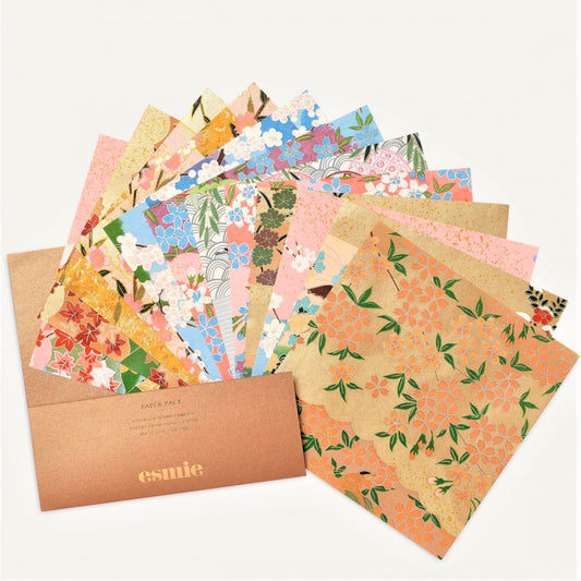 pack of silkscreen origami patterned papers, twelve assorted botanical designs