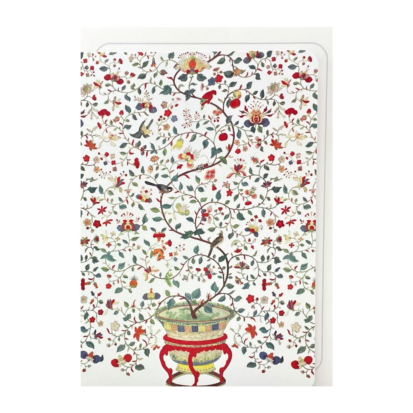 greetings card of a plant in an ornate pot and floral chinese wallpaper in the background by Ezen Design