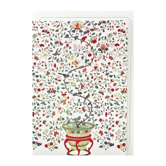 greetings card of a plant in an ornate pot and floral chinese wallpaper in the background by Ezen Design