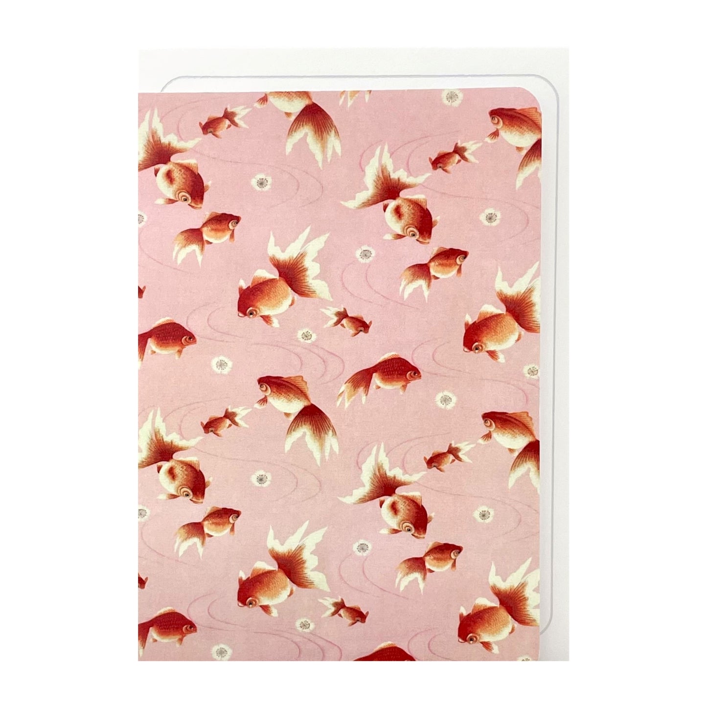 greetings card with repeat pattern of orange goldfish and pink backdrop by Ezen Design