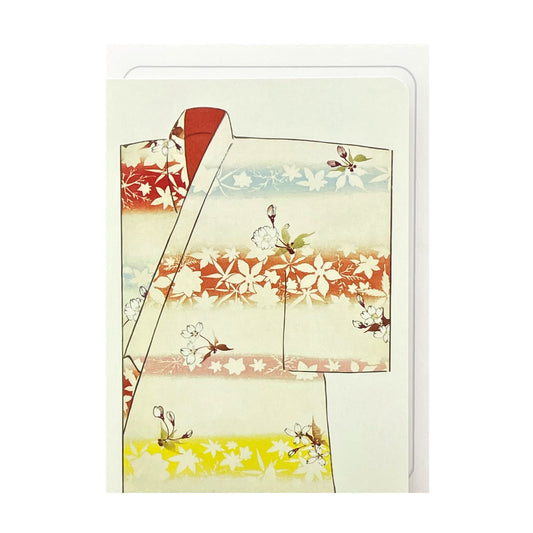greetings card of a drawing of a floral folded kimono in red, yellow. blue and pink by Ezen Design