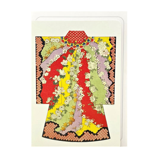 greetings card of a drawing of a bright floral kimono in red, yellow. green and lilac by Ezen Design