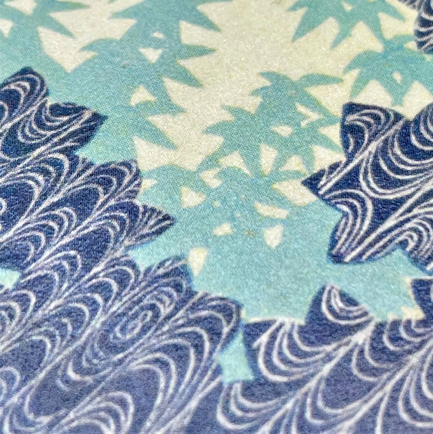 greetings card showing a drawing of a blue kimono with maple leaf design, close up of the pattern