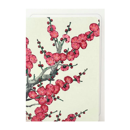 greetings card with a branch of deep pink plum blossom by Ezen Design