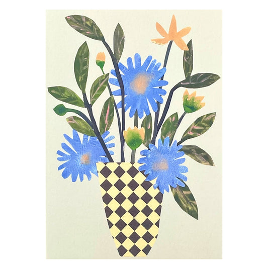 greetings card with a chequered vase and blue and yellow flowers by Hadley Paper Goods