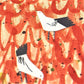 greetings card of a colourful cottage, detail of the birds on the roof