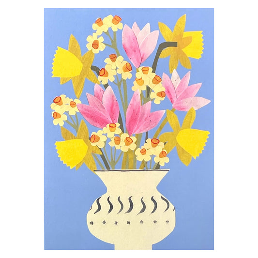 greetings card showing a vase of spring flowers with a blue backdrop by Hadley Paper Goods