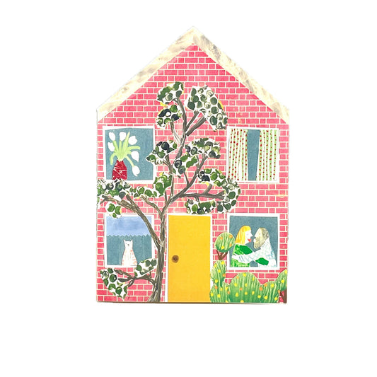 shaped greetings card of a house with four windows and a yellow door by Hadley Paper Goods