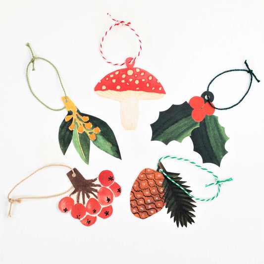 A set of five different festive plant gift tags in red, green and yellow with colourful sttring, by Hadley Paper Goods