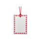White rectangular gift tag with dark red star pattern border and red cord by Heather Evelyn