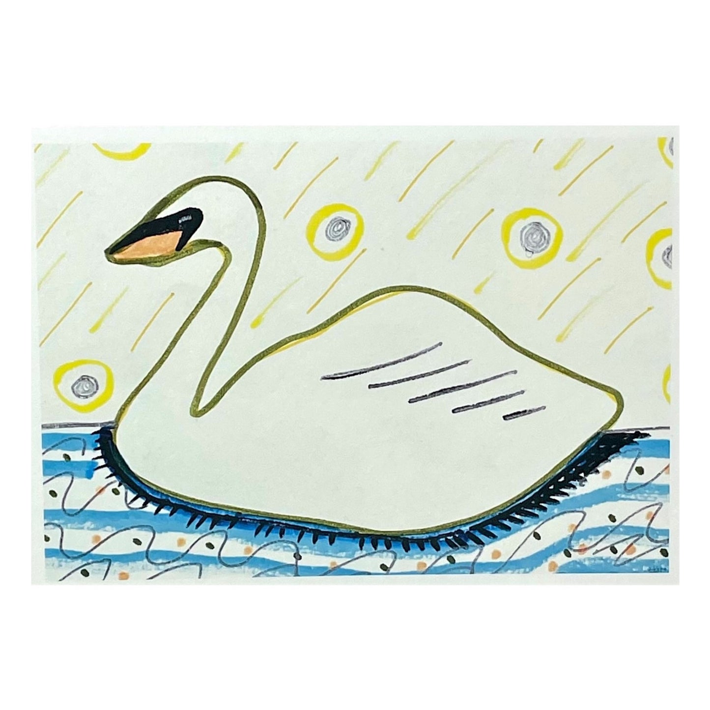 greetings card of a drawing of a swan on the water by John Austin Publishing