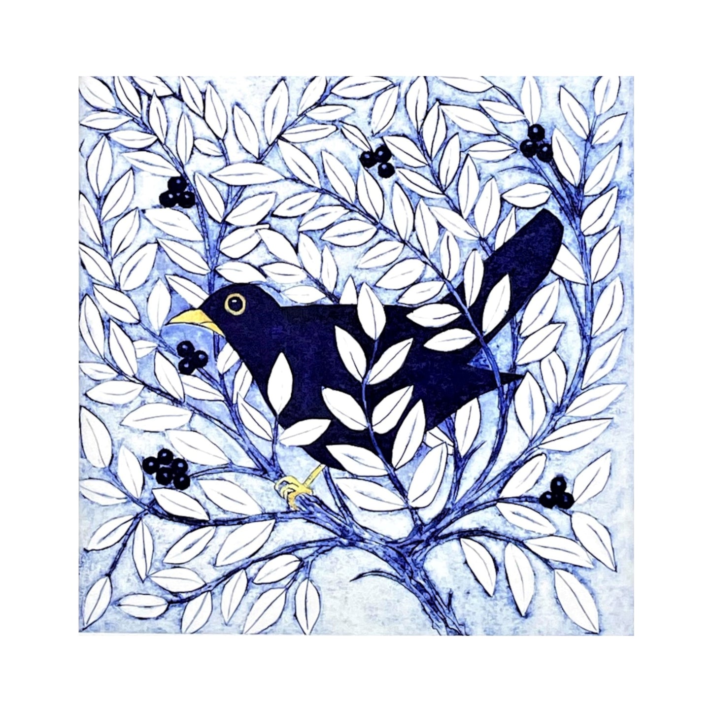 greetings card of a dark blue bird in a bush with berries by John Austin Publishing