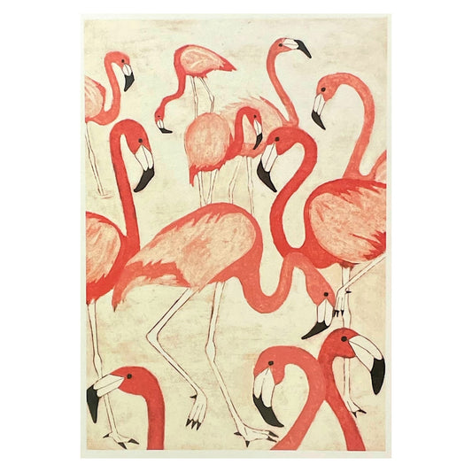 greetings card showing a group of pink flamingos by John Austin Publishing