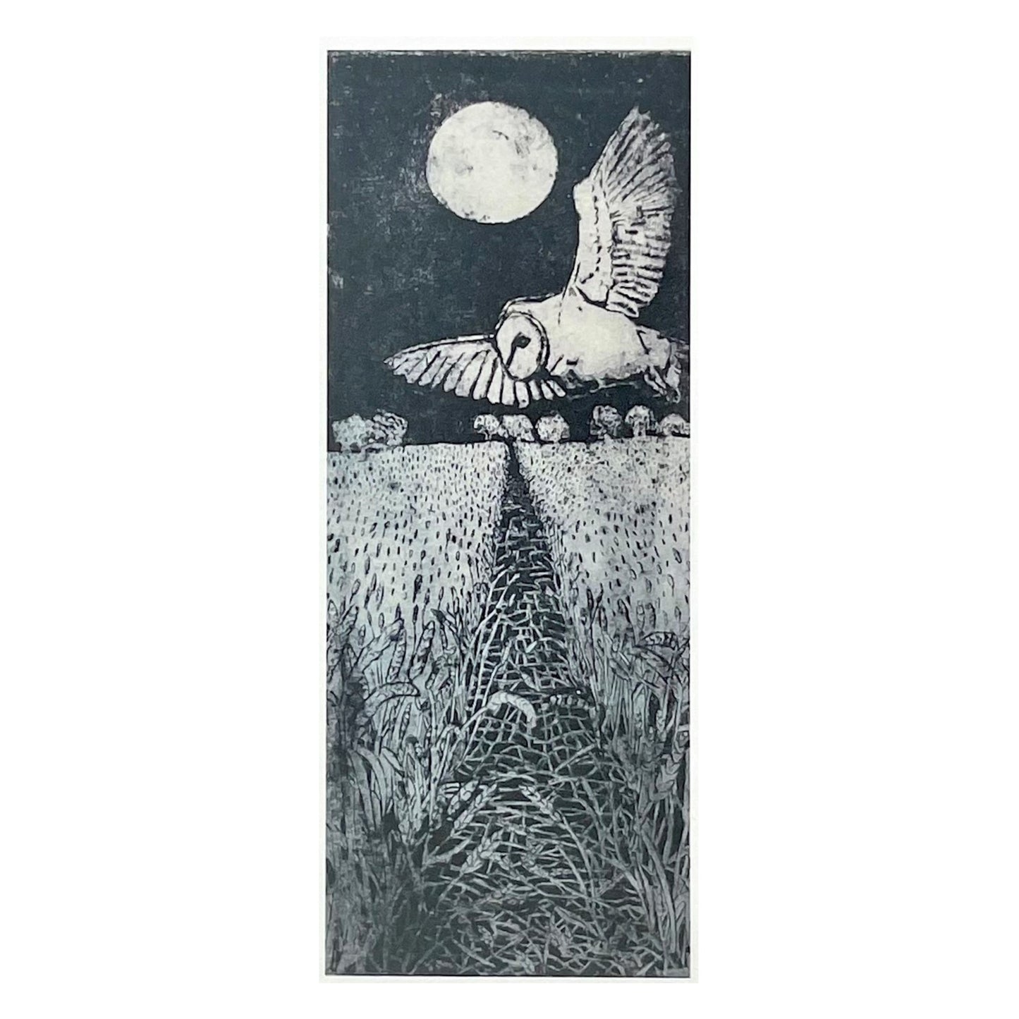 greetings card in black and white of an owl in flight with full moon in the sky by John Austin Publishing