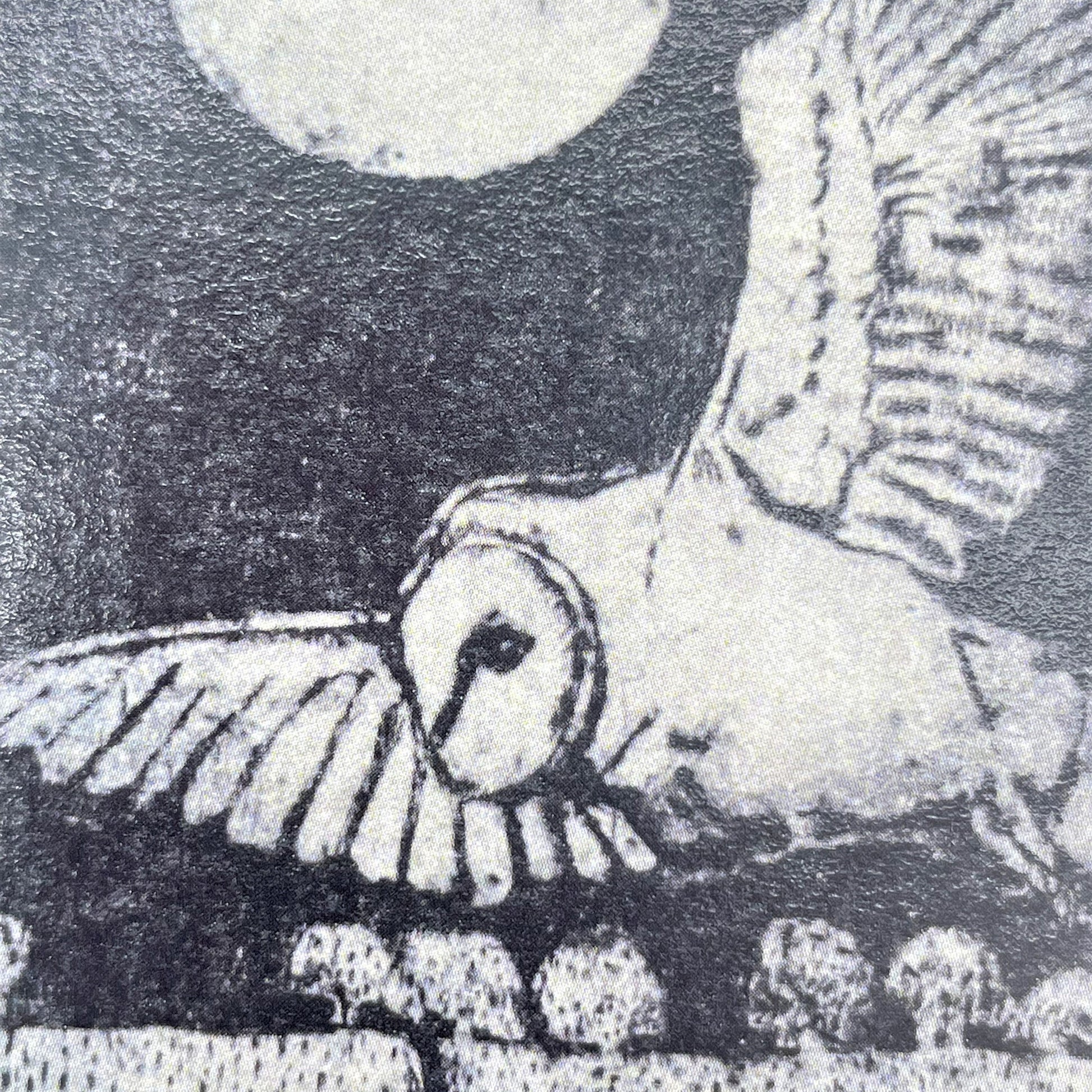 greetings card in black and white of an owl in flight with full moon in the sky, close-up of the owl