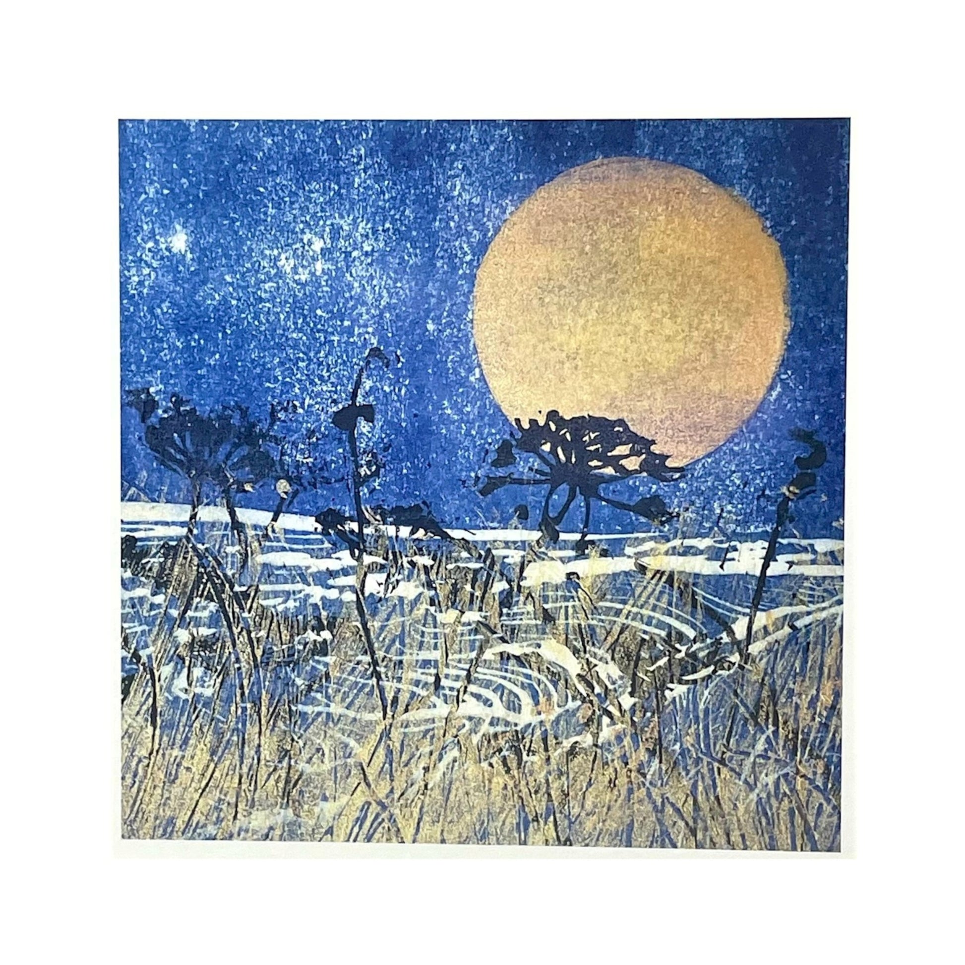 greetings card showing a huge full moon with seed heads in the foreground by John Austin Publishing