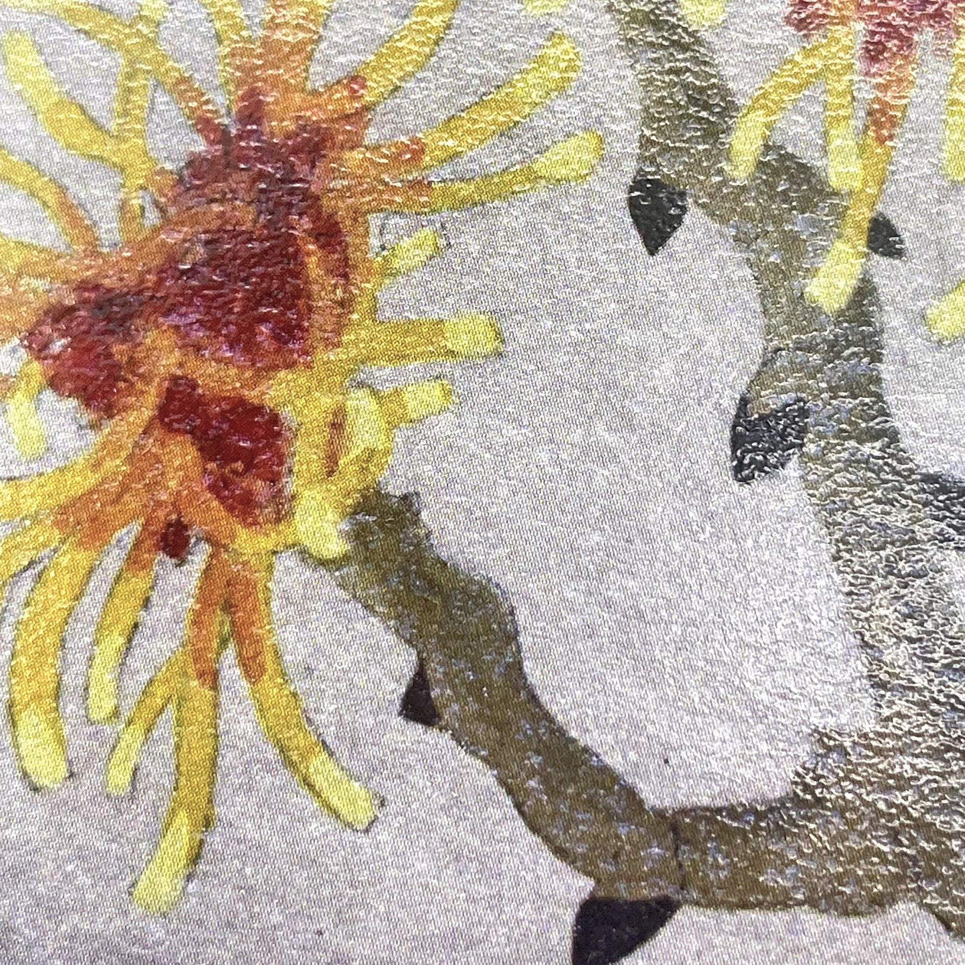 greetings card showing a drawing of yellow wych hazel flowers, close-up of the flower