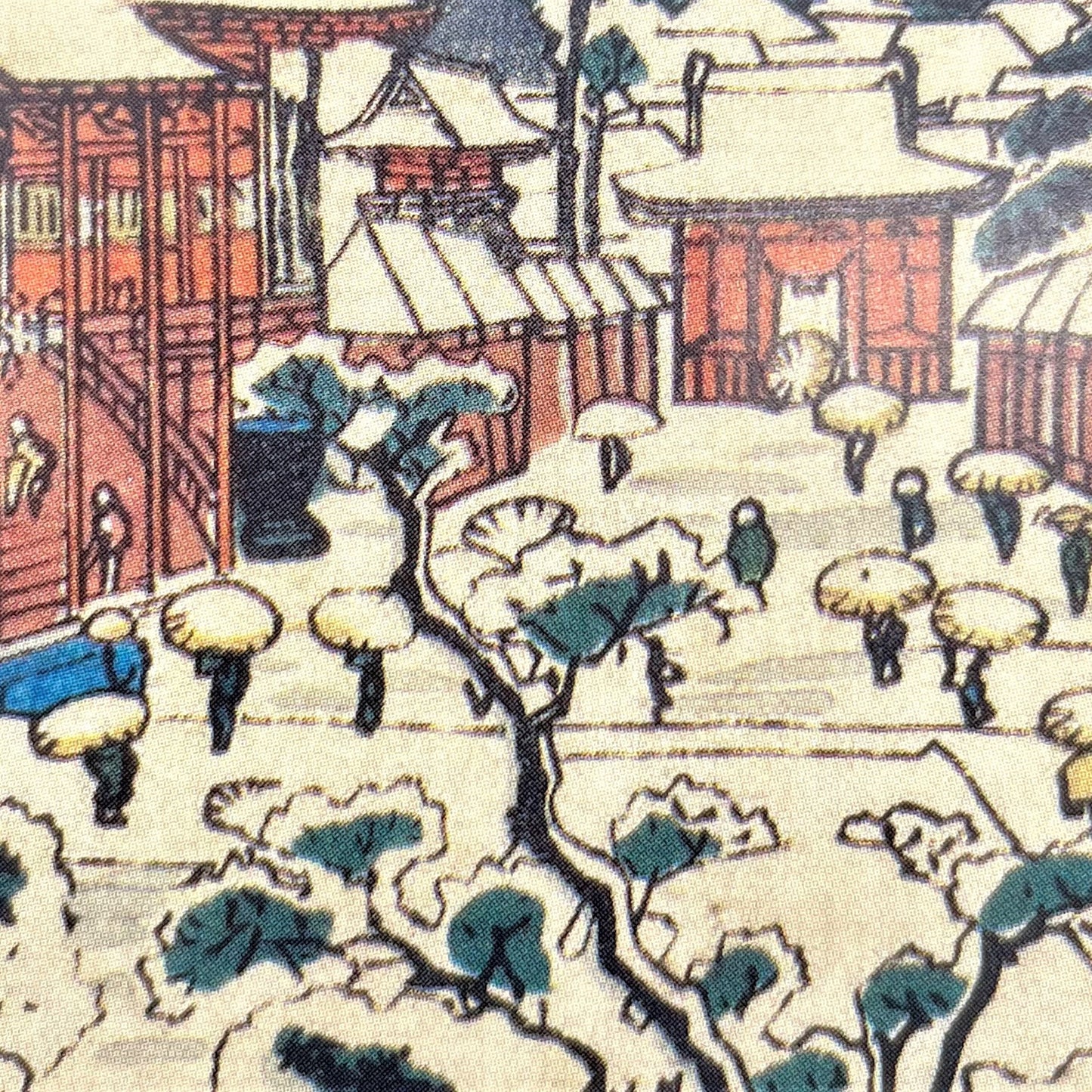 greetings card of senso-ji temple in the snow, close-up detail