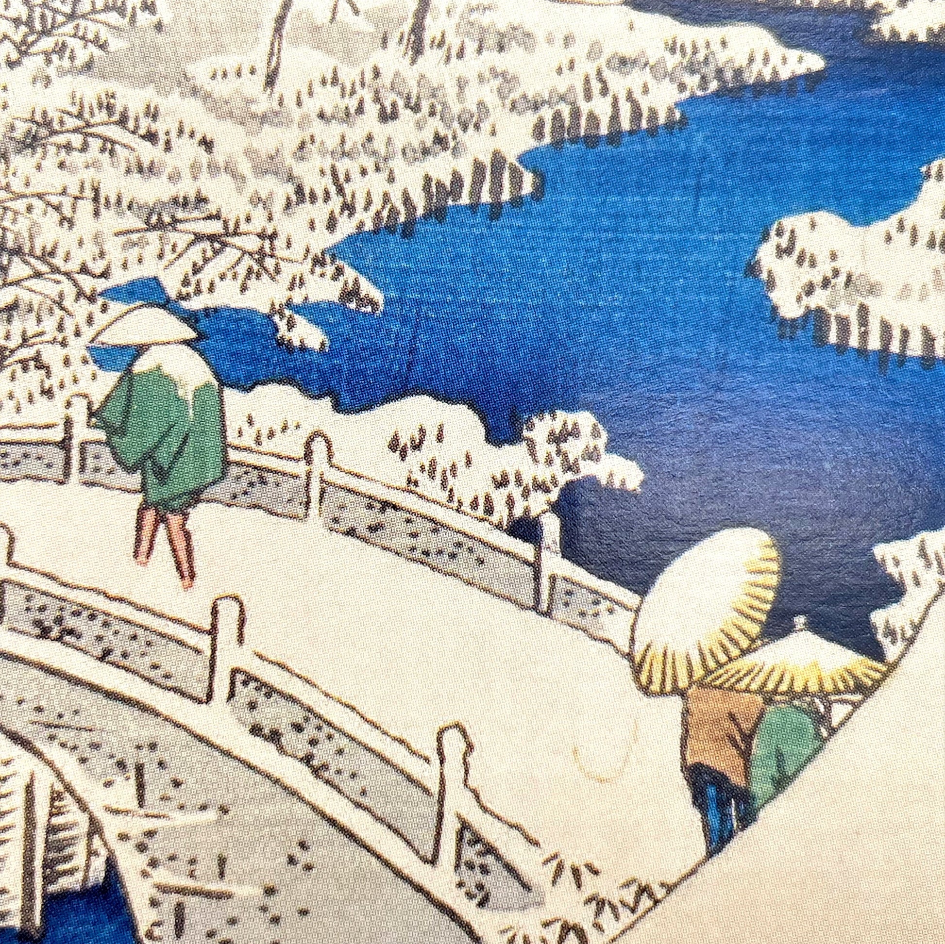 greetings card of yuhi hill and drum bridge at meguro in the snow, close-up of the bridge