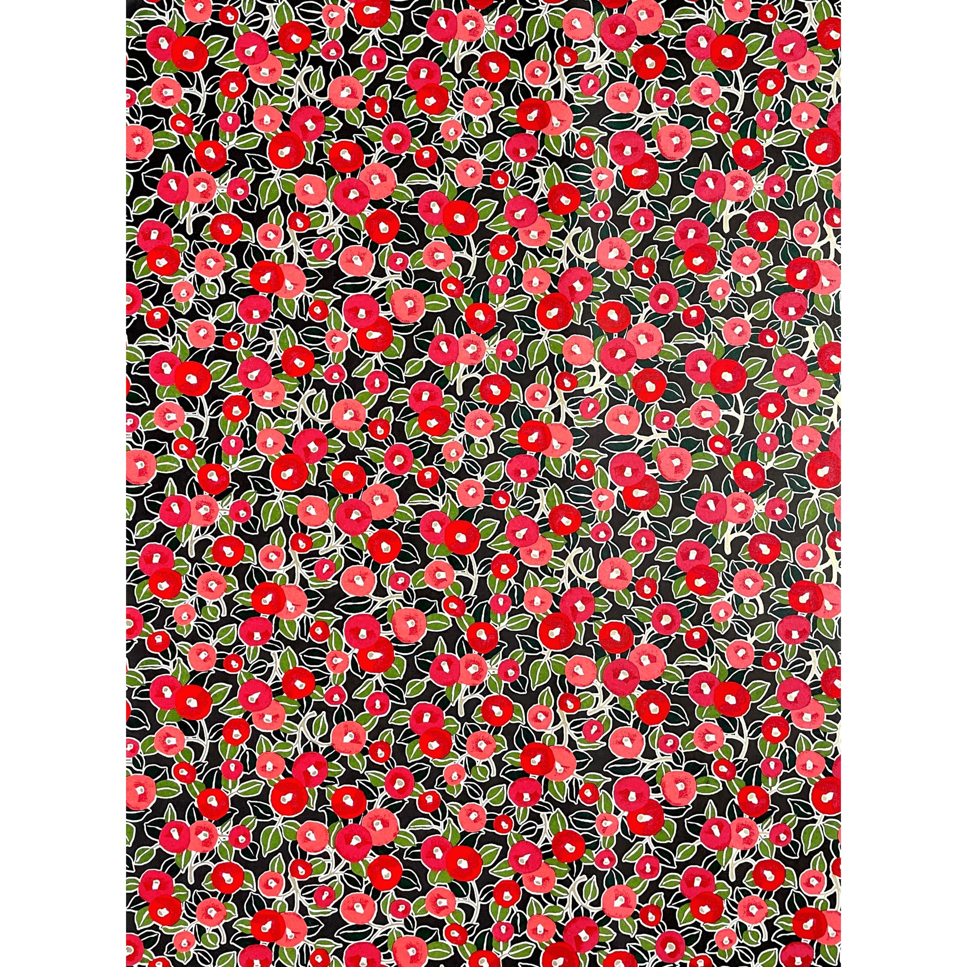 japanese silk-screen handmade paper with a design showing red and pink morning glory flowers and green leaves on black background, full sheet view