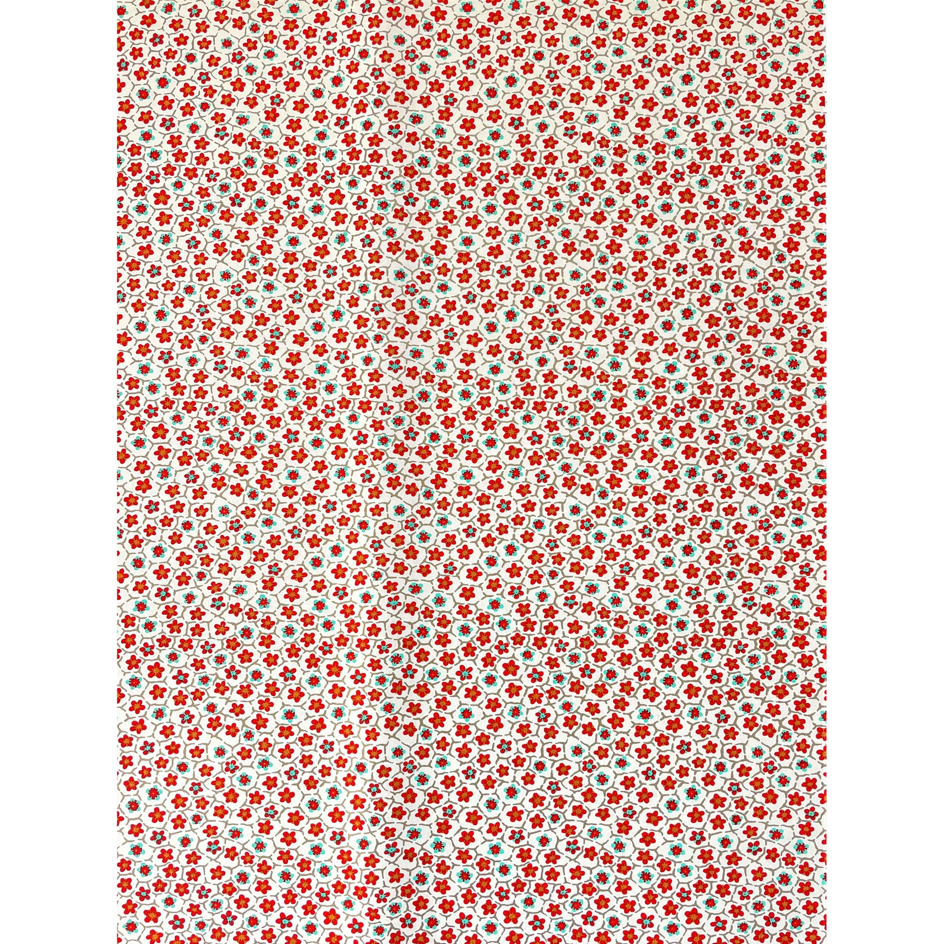 japanese silk-screen handmade paper with red and aqua plum flowers repeat pattern, full sheet view