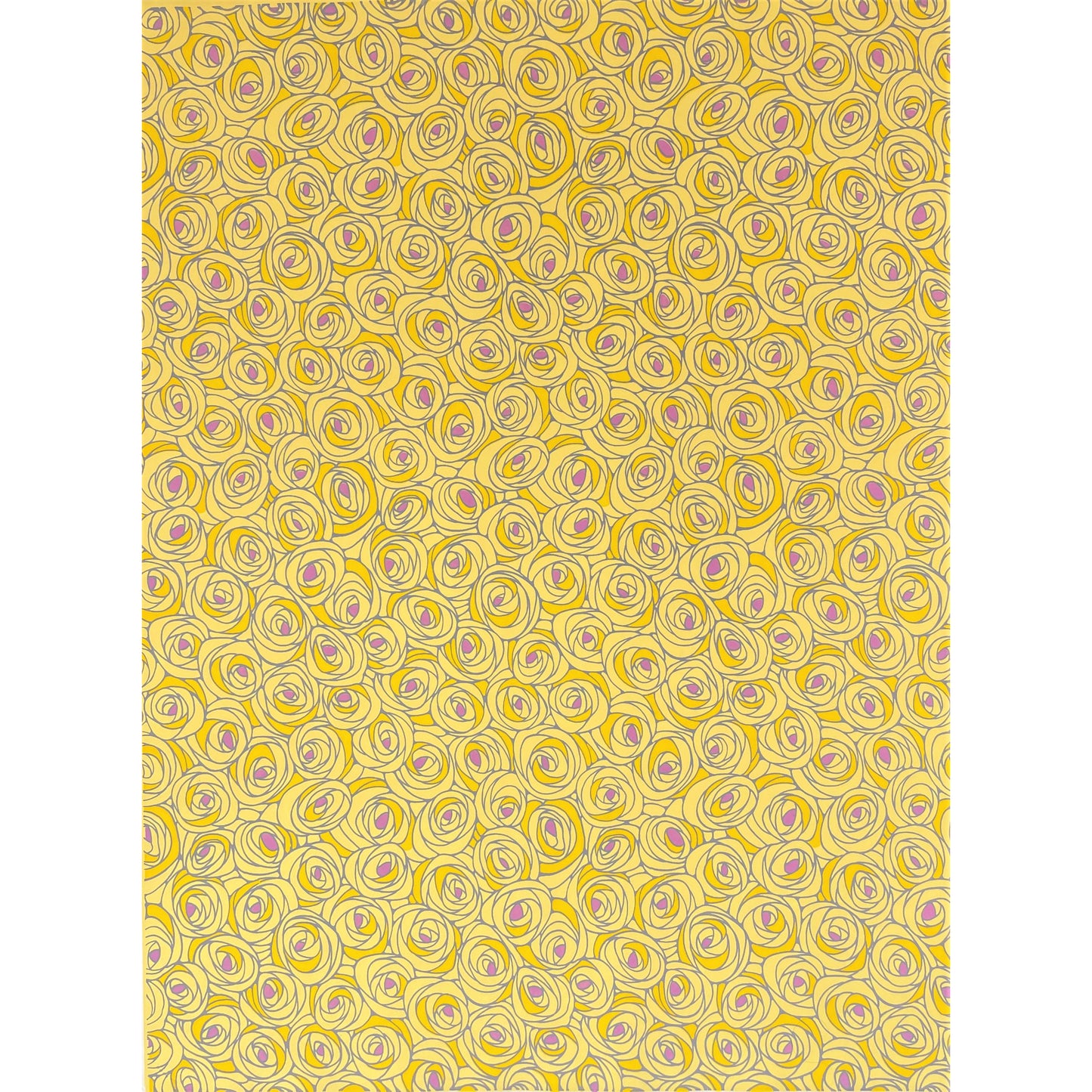 japanese silk-screen handmade paper showing yellow and lilac abstract floral pattern, full sheet view