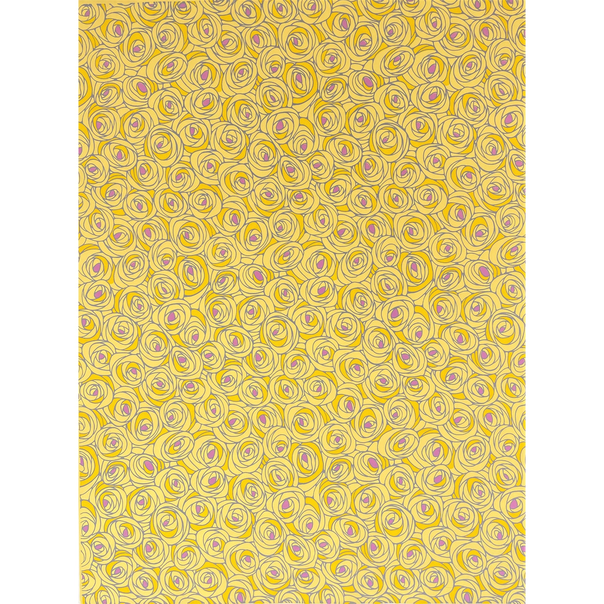 japanese silk-screen handmade paper showing yellow and lilac abstract floral pattern, full sheet view