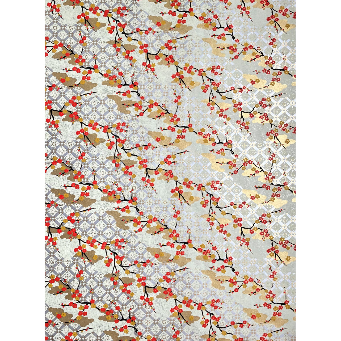 japanese silk-screen handmade paper showing branches of red cherry blossom and gold clouds on a backdrop of silver, cream and gold, full sheet view