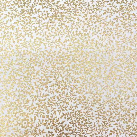 japanese silk-screen handmade paper showing a dainty gold botanical repeat design on ivory backdrop