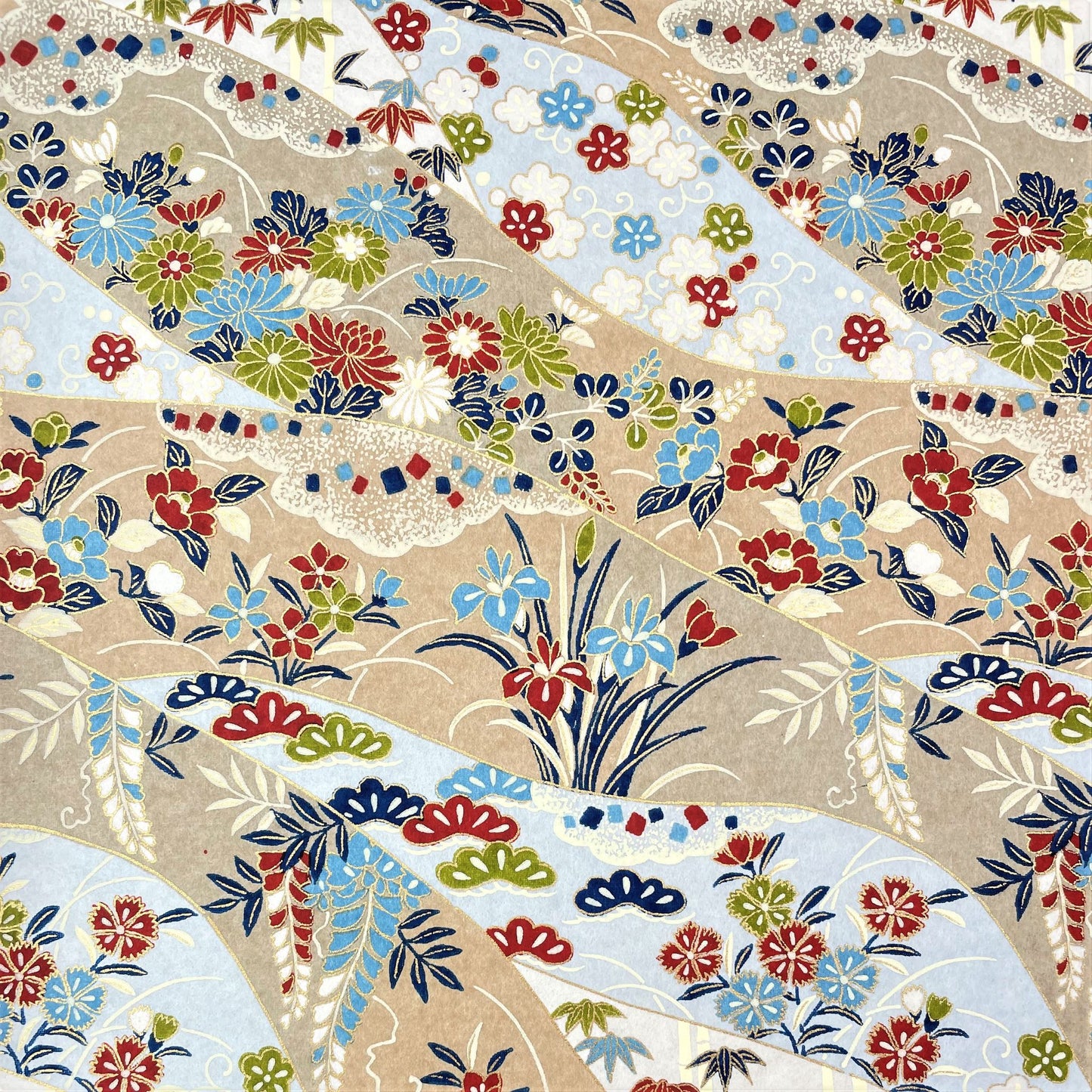 japanese silk-screen handmade paper showing taupe and pale blue waves pattern with multicolour flowers and foliage, with gold accents