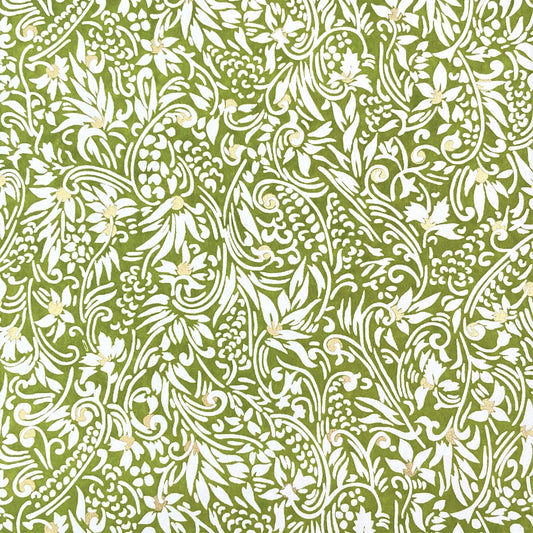 japanese silk-screen handmade paper showing green and white botanical repeat pattern with gold highlights