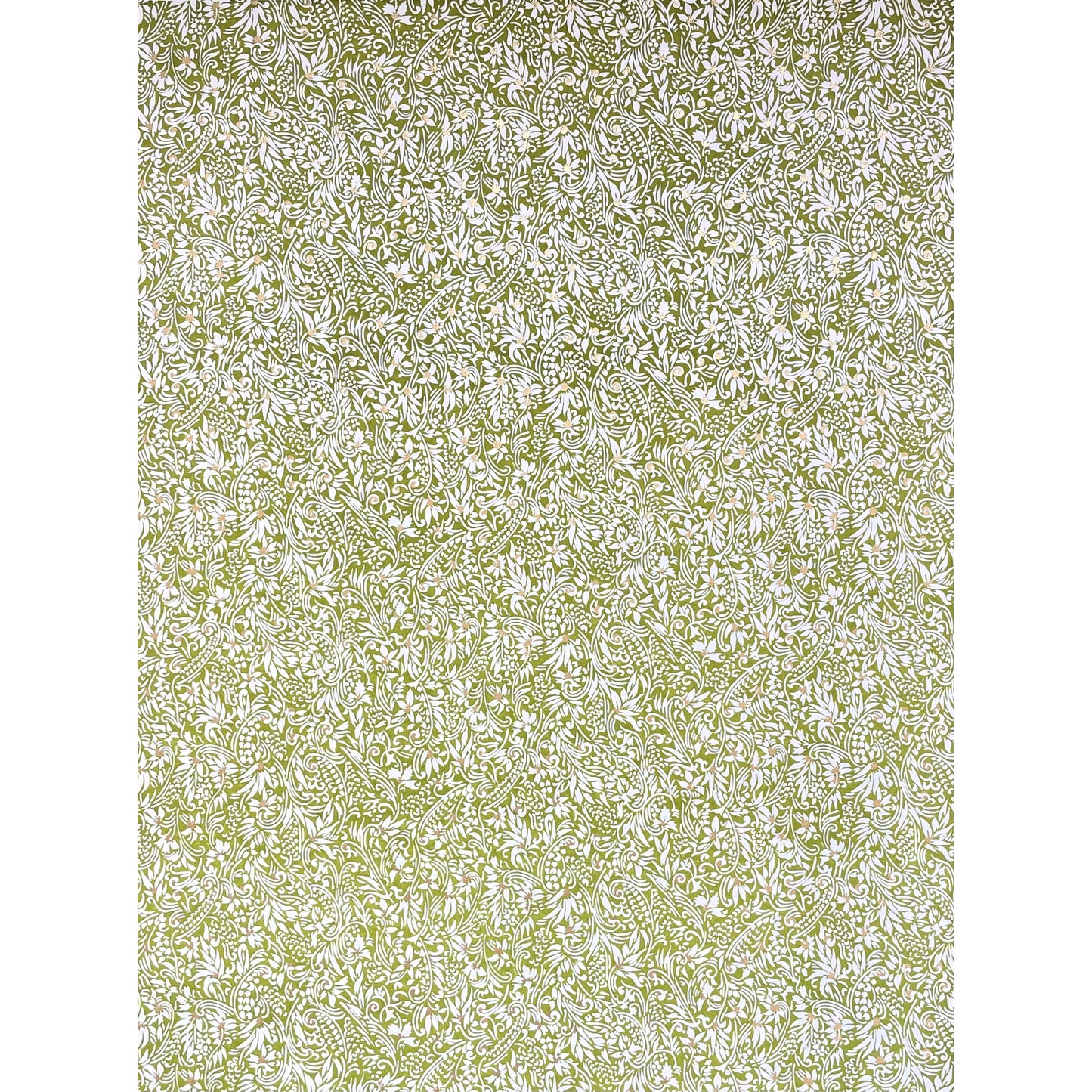 japanese silk-screen handmade paper showing green and white botanical repeat pattern with gold highlights, full sheet view