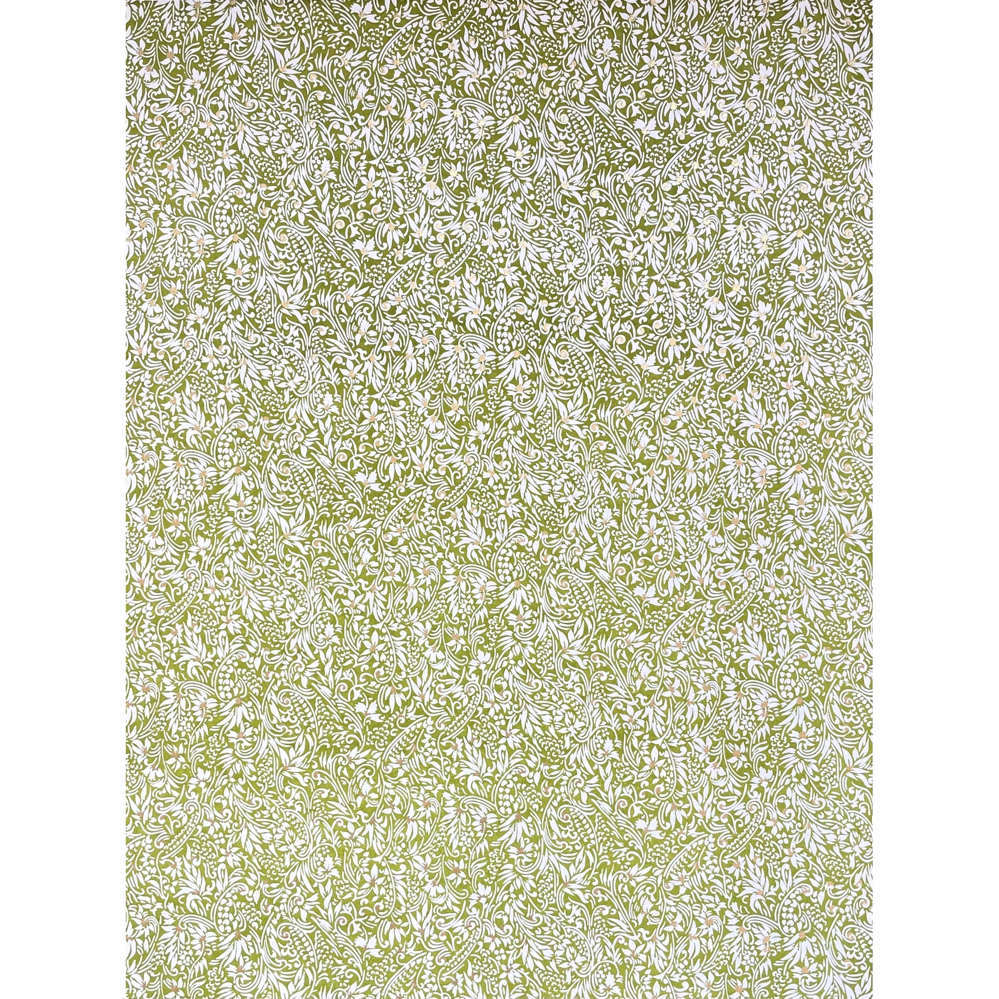 japanese silk-screen handmade paper showing green and white botanical repeat pattern with gold highlights, full sheet view