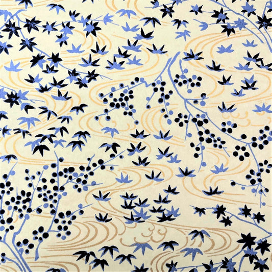 japanese silk-screen handmade paper showing gold rivers and blue falling leaves and foliage