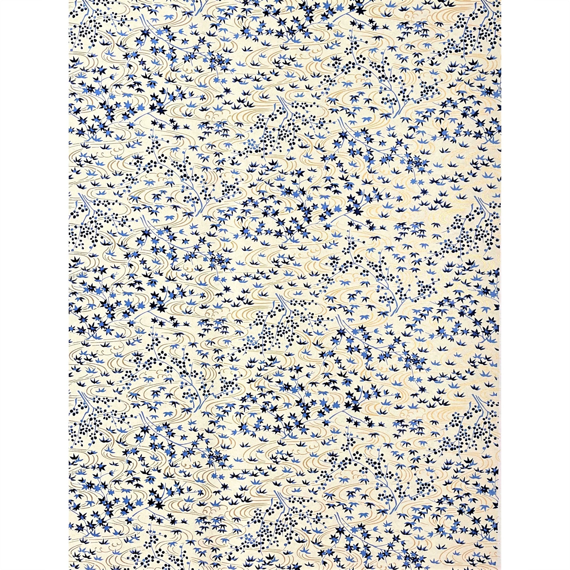 japanese silk-screen handmade paper showing gold rivers and blue falling leaves and foliage, full sheet view
