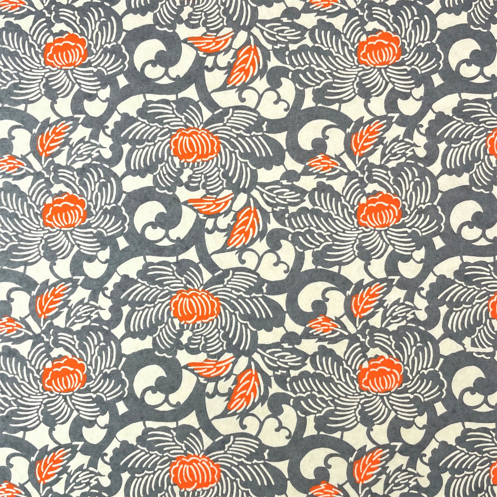 japanese silk-screen handmade paper showing grey and orange peony flower repeat pattern