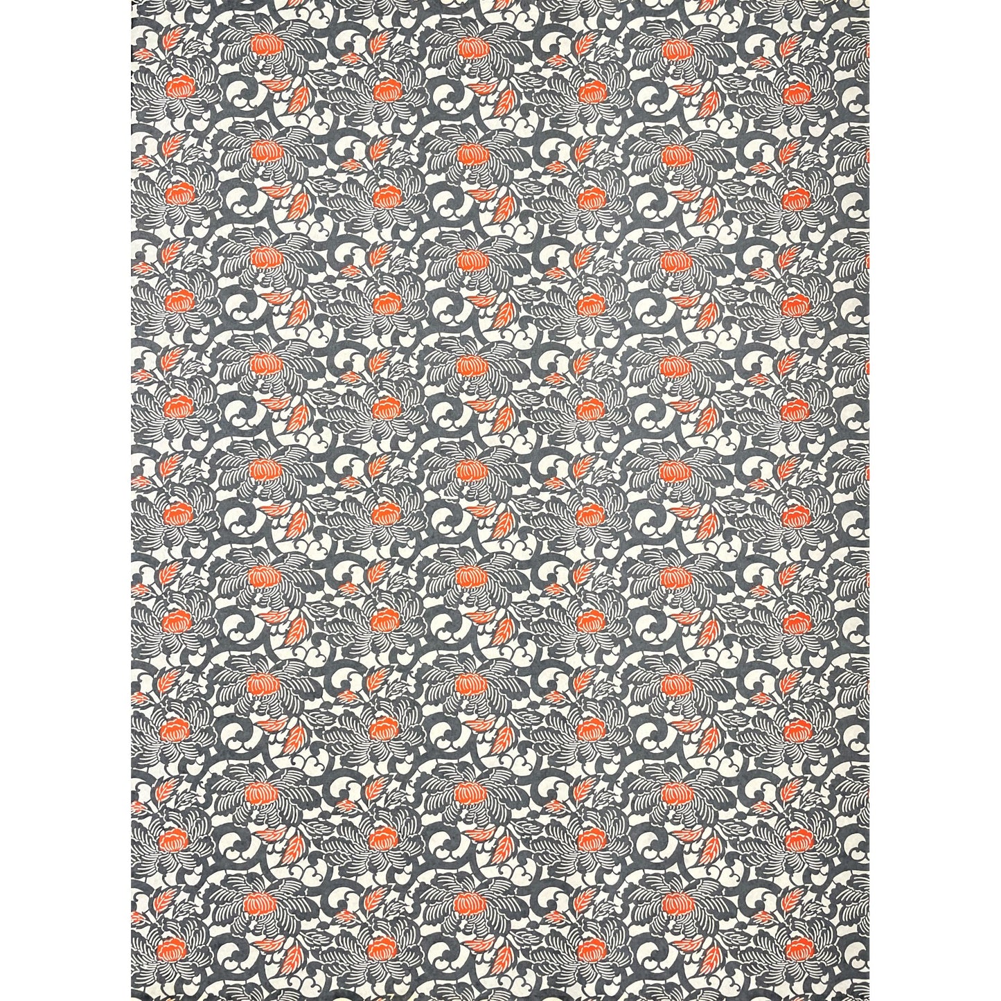 japanese silk-screen handmade paper showing grey and orange peony flower repeat pattern, full sheet view