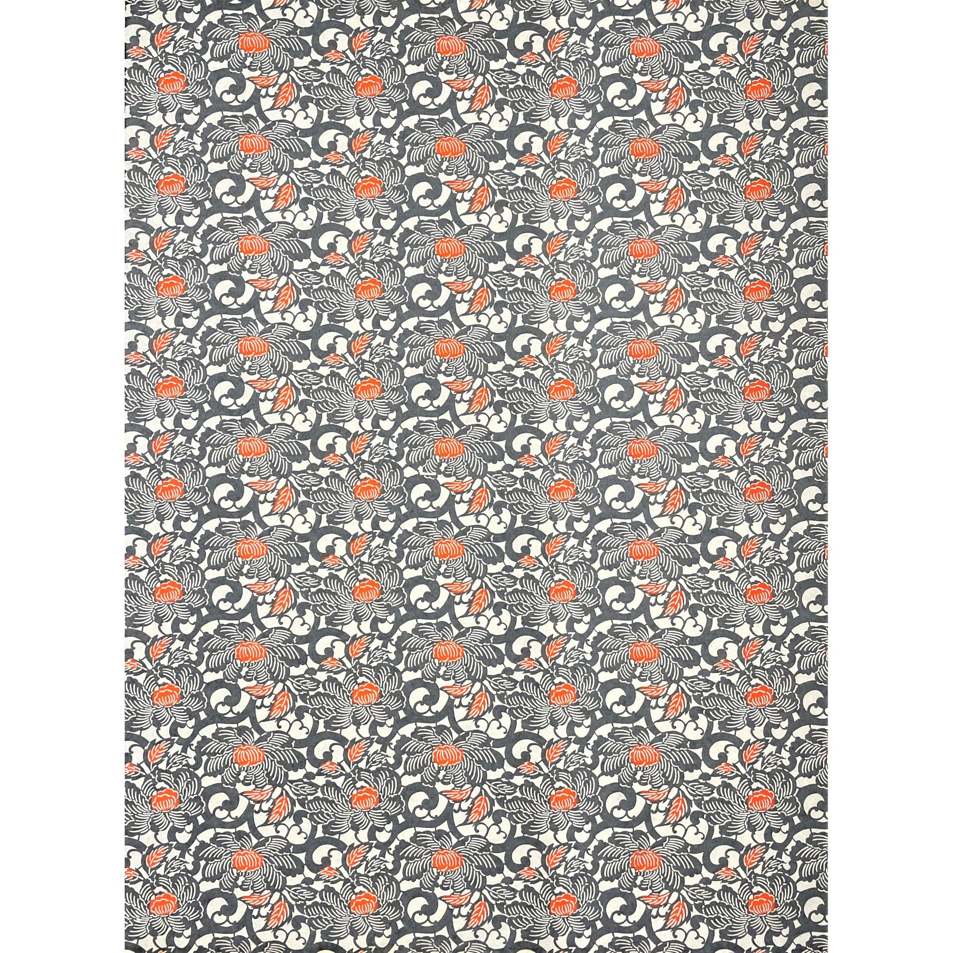 japanese silk-screen handmade paper showing grey and orange peony flower repeat pattern, full sheet view