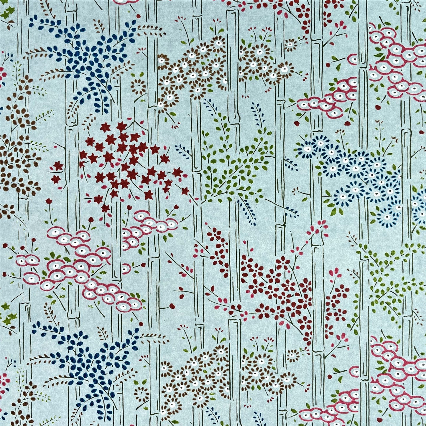 japanese silk-screen handmade paper showing pattern of bamboo, flowers and foliage on light teal backdrop