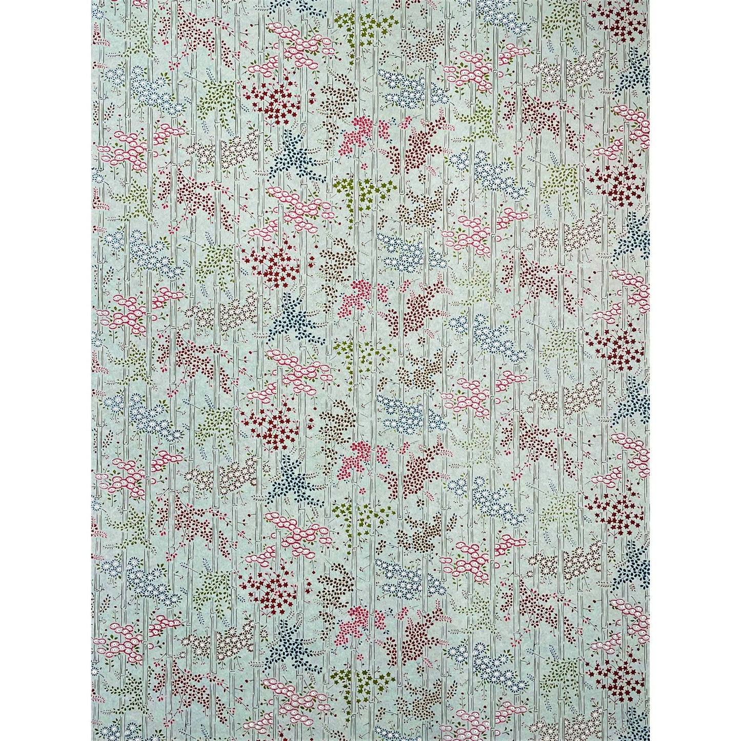 japanese silk-screen handmade paper showing pattern of bamboo, flowers and foliage on light teal backdrop, full sheet view