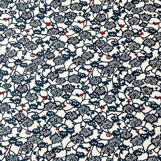 japanese stencil-dyed handmade paper with small scale floral repeat in dark teal and blue