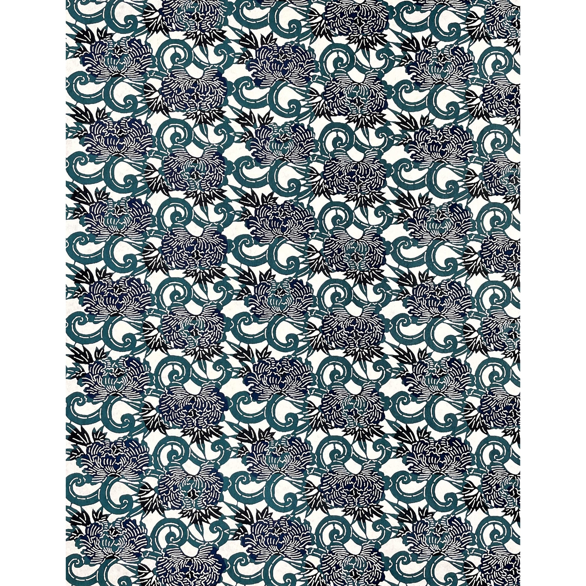 japanese stencil-dyed handmade paper with peony floral repeat pattern in dark teal and blue, full sheet view
