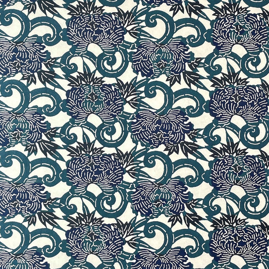japanese stencil-dyed handmade paper with peony floral repeat pattern in dark teal and blue