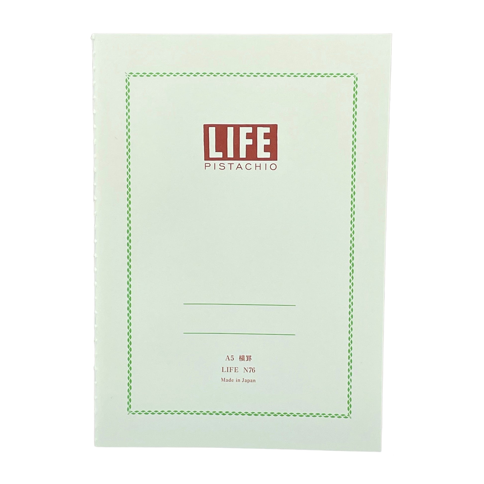 A5 softcover notebook with a soft green cover with green border and branding by Japanese brand Life Japan
