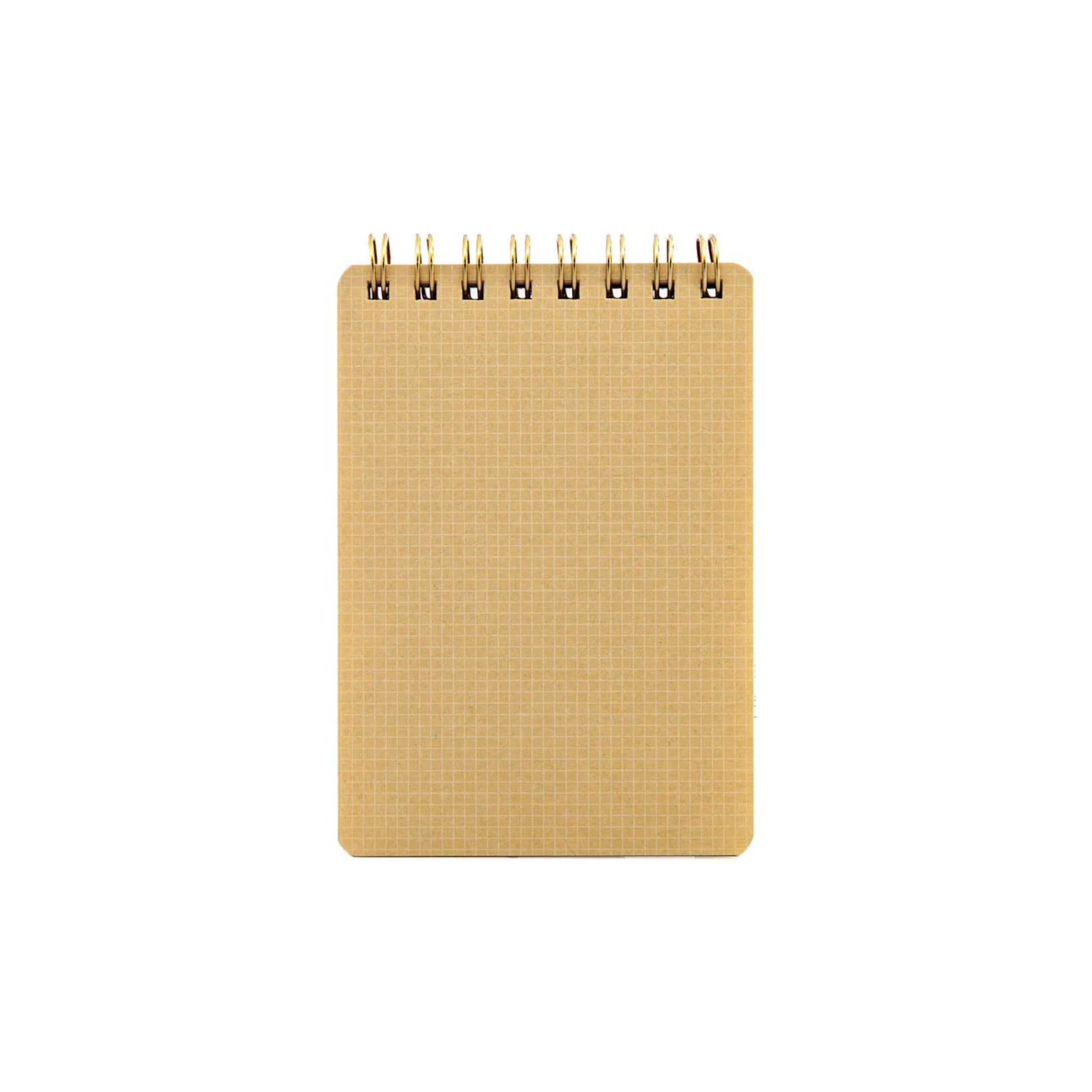 A7 memo ring-bound notepad, cover is plain burgundy with rose-gold dual rings, close-up of the beige grid paper sheets