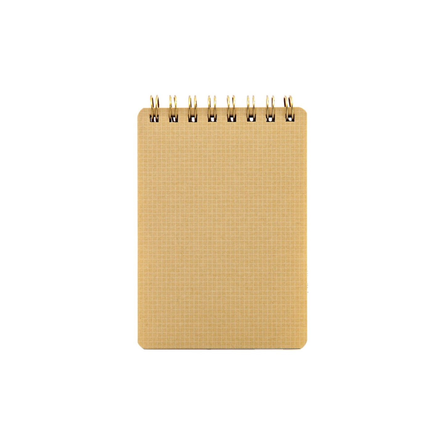 A7 memo ring-bound notepad, cover is plain navy with gold dual rings, inner beige grid sheets