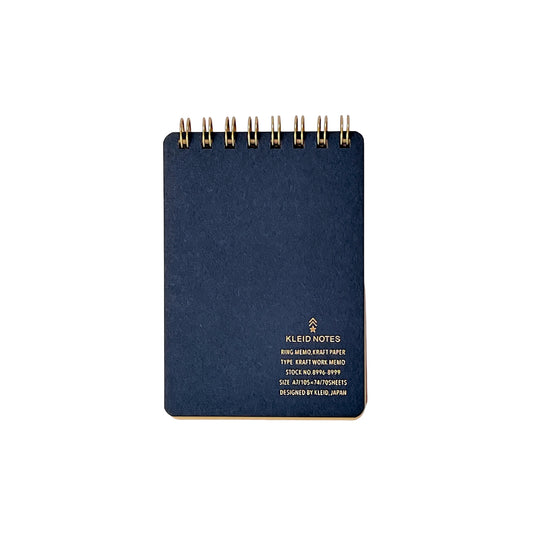 A7 memo ring-bound notepad, cover is plain navy with gold dual rings by Japanese brand Kleid